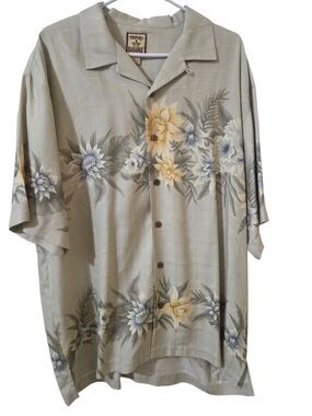 Tommy Bahama 100% Silk Hawaiian Shirt Floral Palm Print Men's L Light Green G16